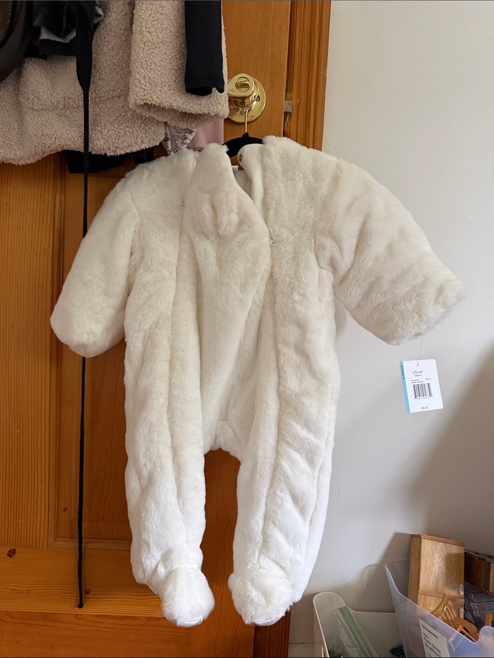 Little Me Ivory Plush Hooded Baby Footed Romper